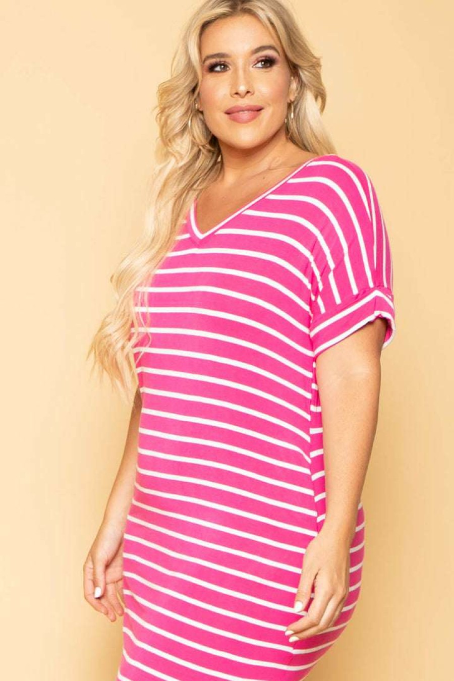 Dresses * | Zenana Plus Size Striped Basic T-Shirt Dress New Arrivals Fuchsia