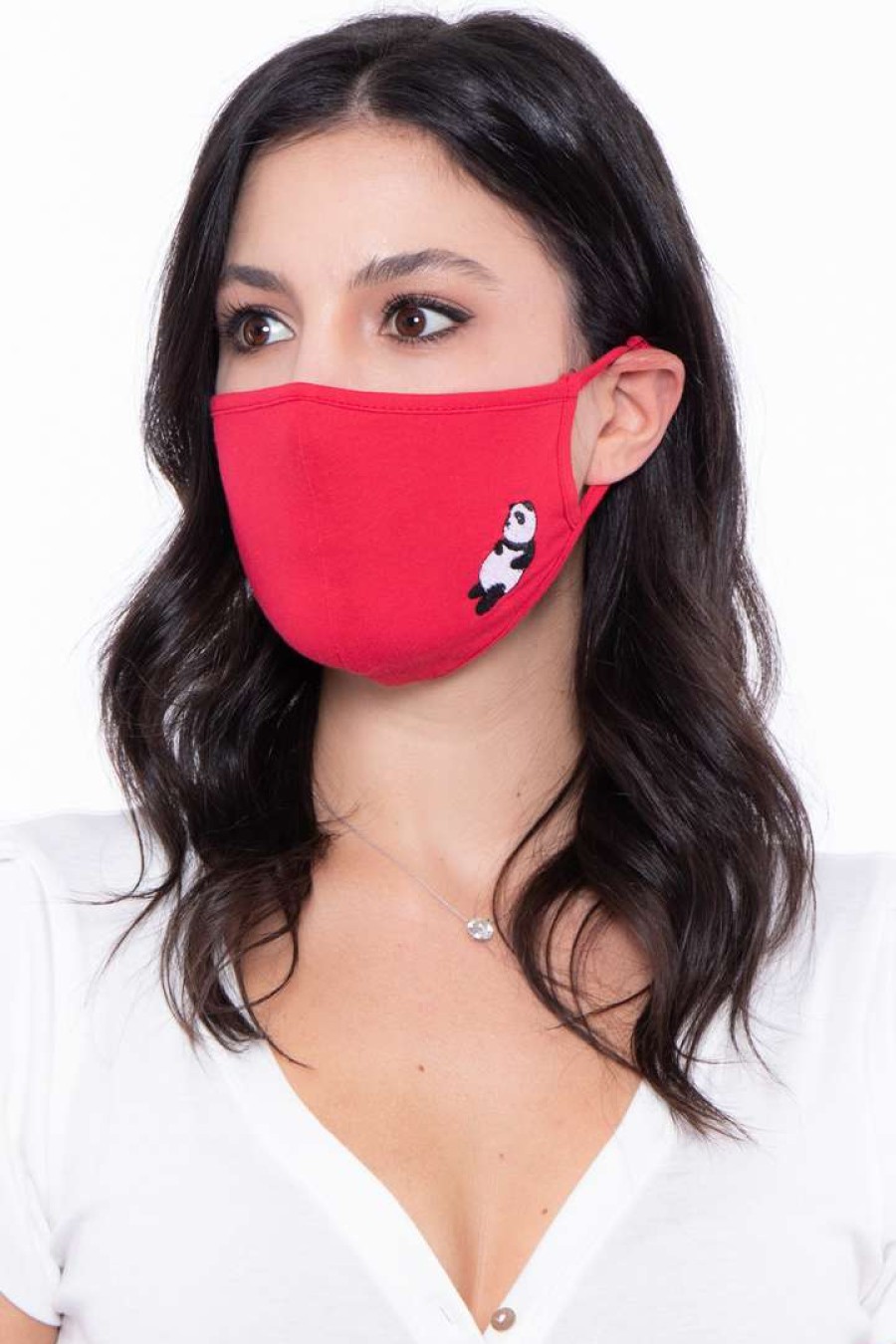 Accessories * | Curvy Sense Washable & Reusable Embroidered Face Mask Panda Face Masks Hot Red