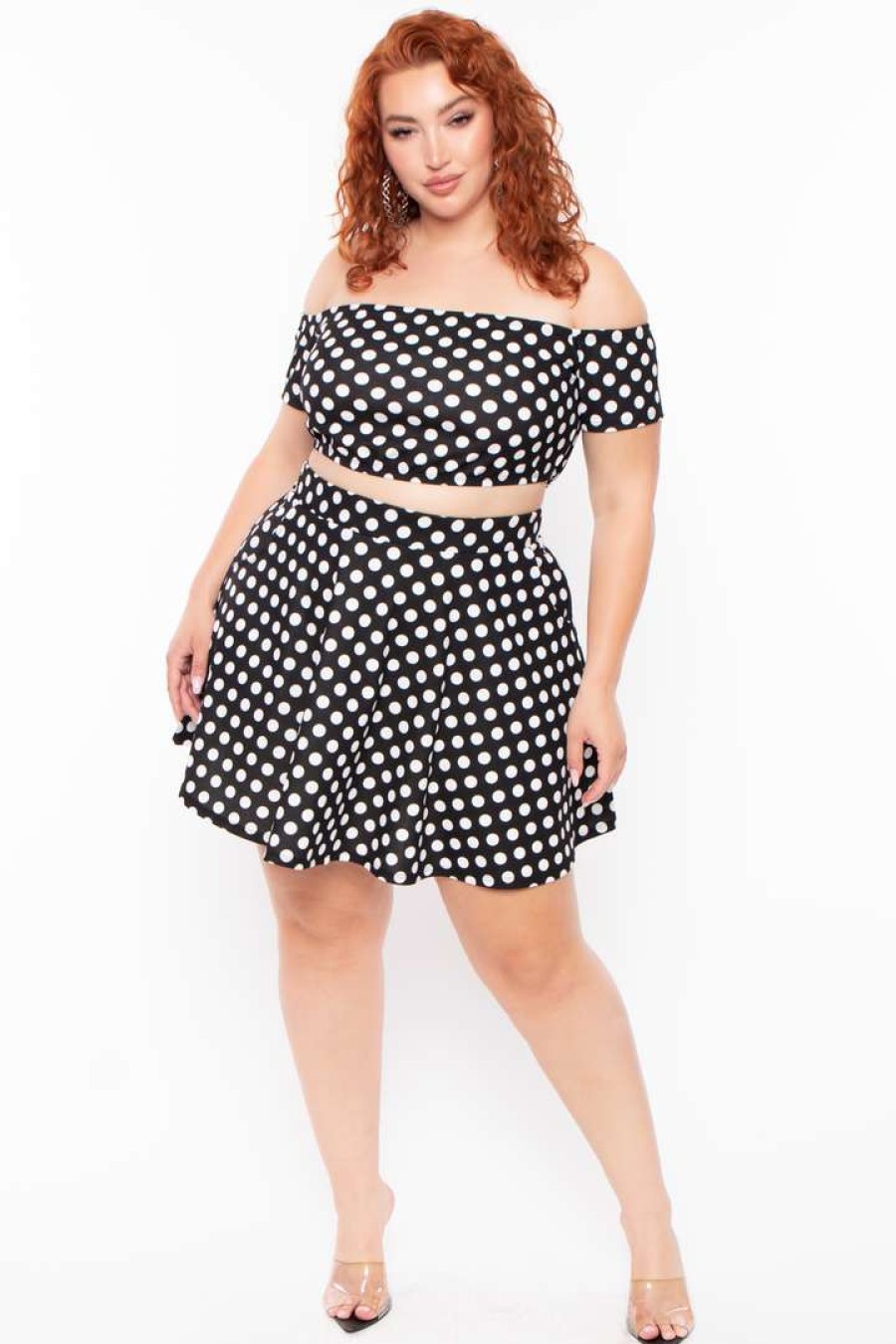 Sets * | Curvy Sense Plus Size Dioceline Polka Dot Off Shoulder Crop Top & Skirt Set Black/White