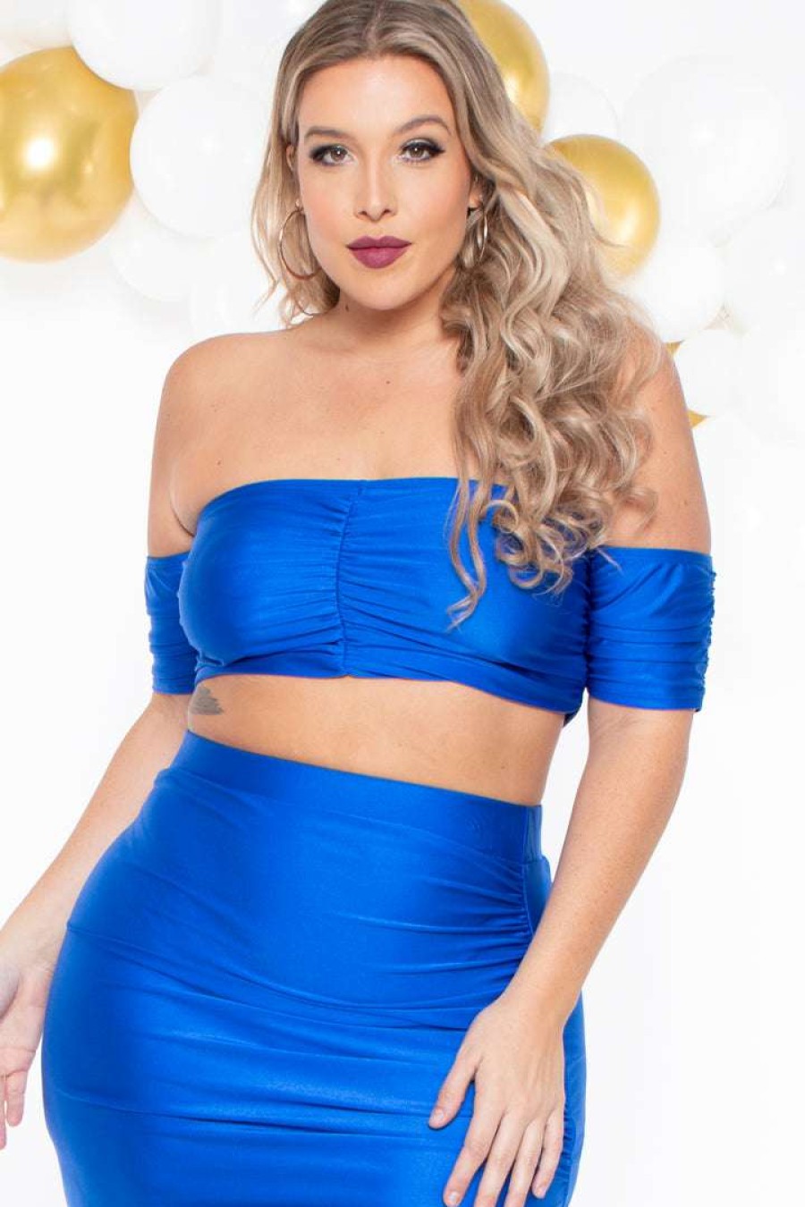 Sets * | Curvy Sense Plus Size Aella Cropped Matching Set Matching Sets Blue