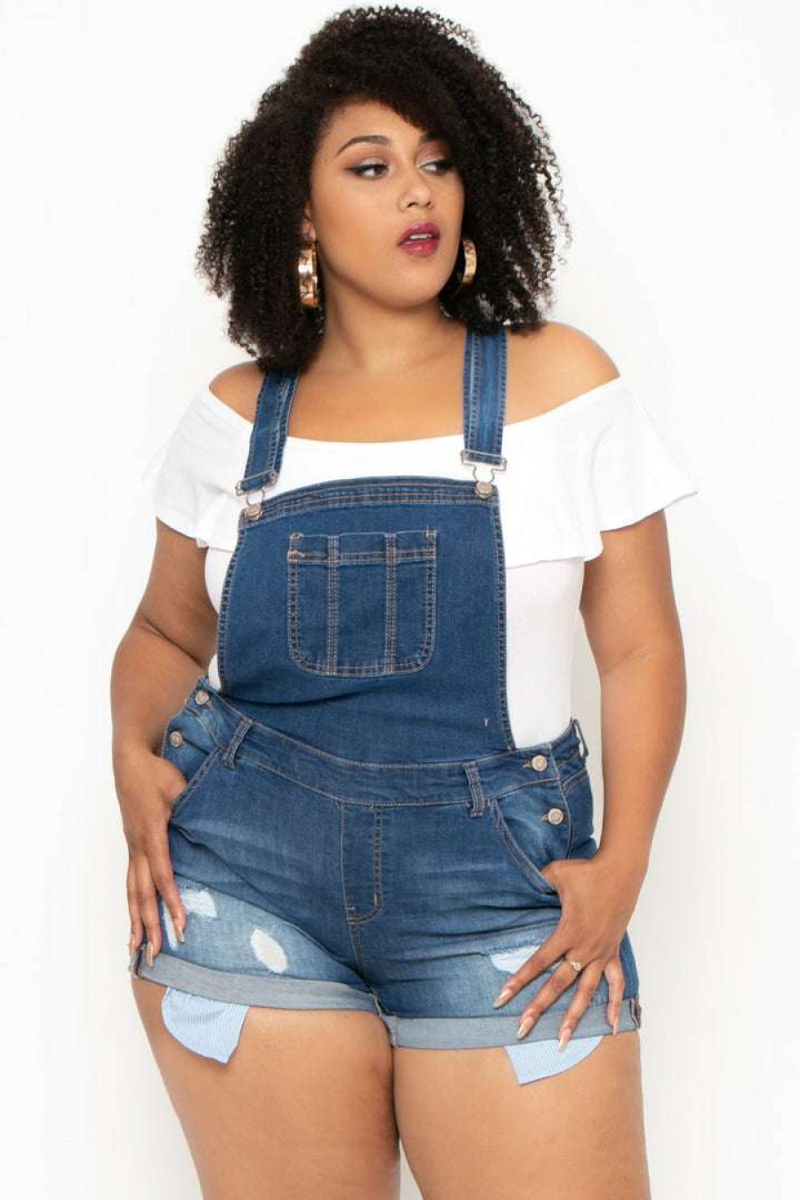 Bottoms * | Wax Jean Back In Stock Plus Size Destroyed Basic Denim Overall Shorts Medium Wash