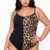 Tops * | Curvy Sense Plus Size Leopard Cami Half & Half Bodysuit Tops Brown