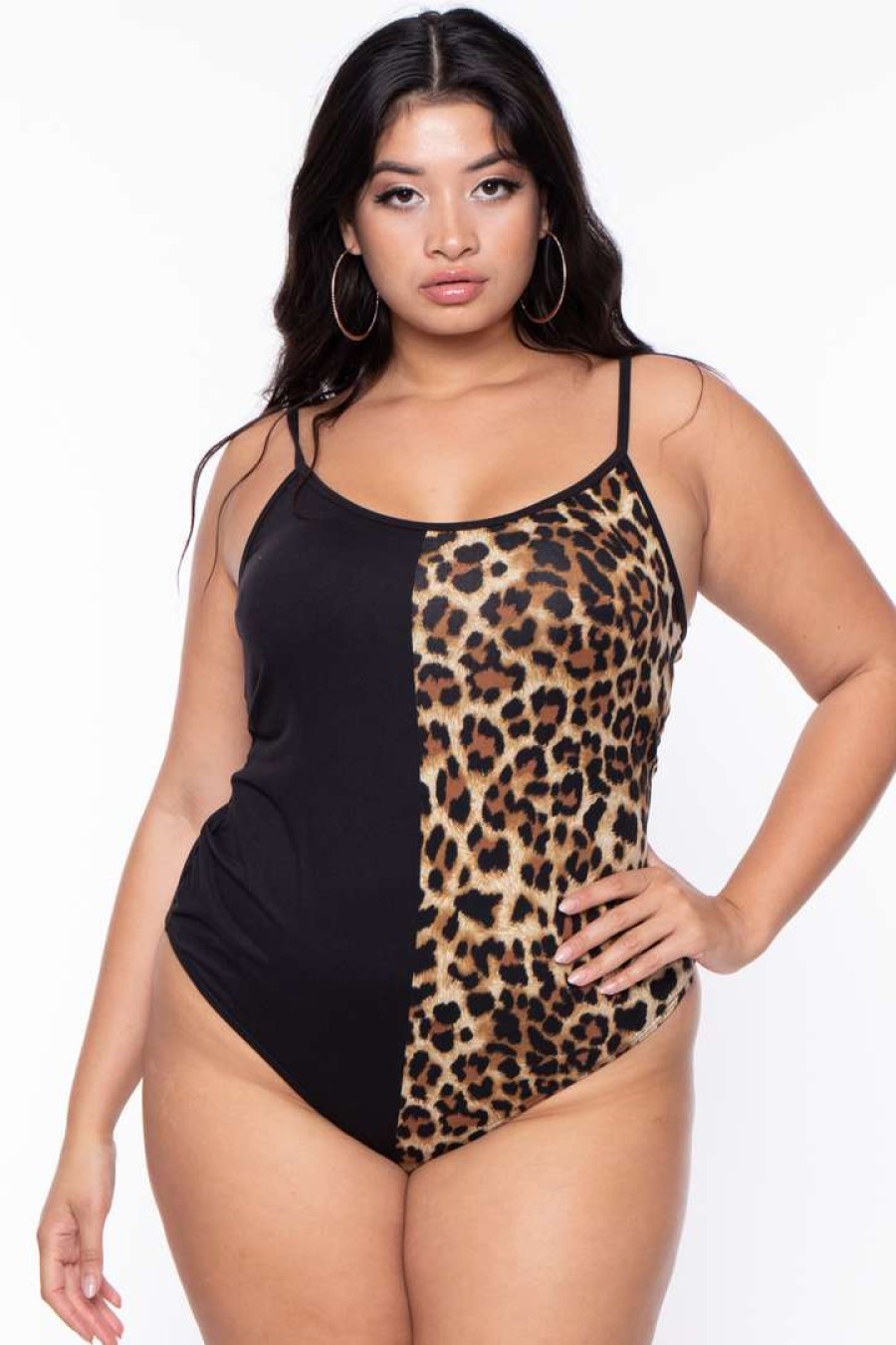 Tops * | Curvy Sense Plus Size Leopard Cami Half & Half Bodysuit Tops Brown