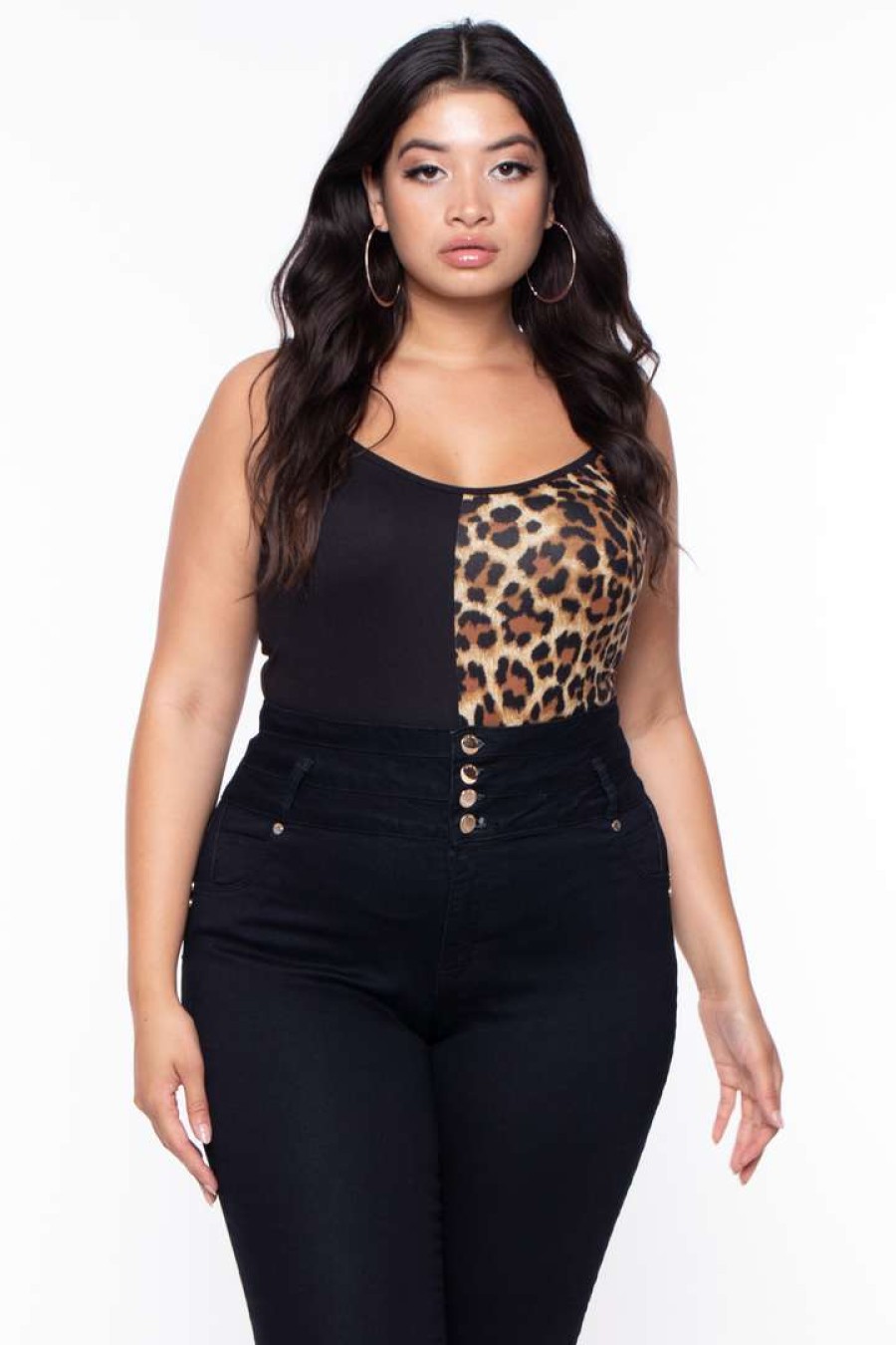 Tops * | Curvy Sense Plus Size Leopard Cami Half & Half Bodysuit Tops Brown