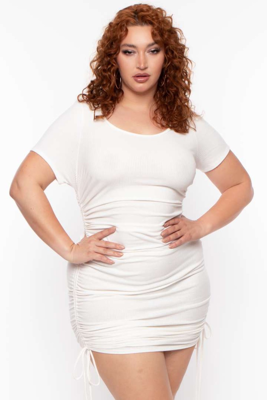 Dresses * | Curvy Sense Plus Size Ribbed Side Ruched Bodycon Dress Ivory