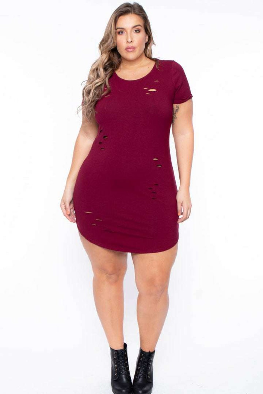 Dresses * | Curvy Sense Plus Size Destroyed Tee Dress Burgundy