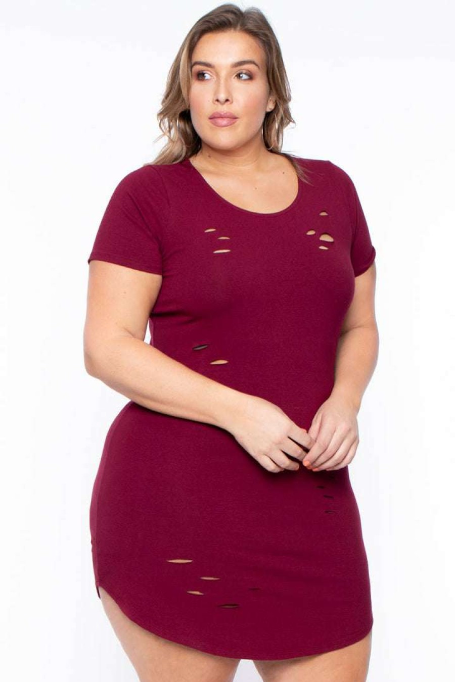 Dresses * | Curvy Sense Plus Size Destroyed Tee Dress Burgundy