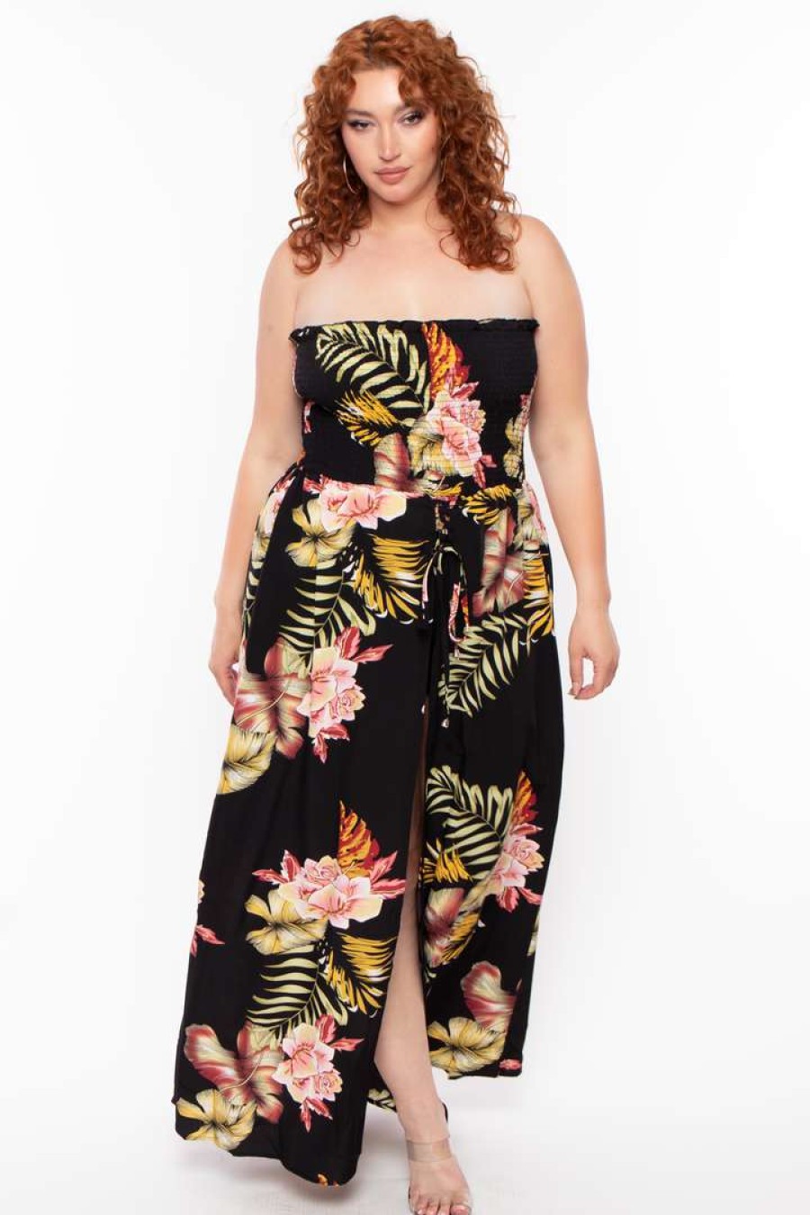 Jumpsuits * | Bluebell Party Jumpsuilts Plus Size Floral Smocked Strapless Romper Black