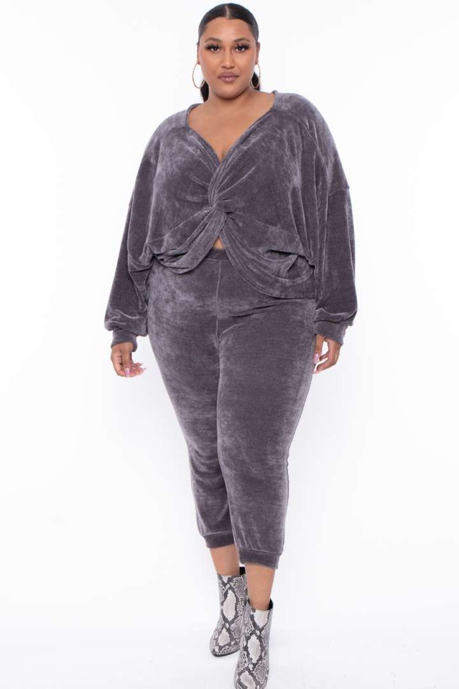 Sets * | Katy Usa Plus Size Chenille Sweater And Jogger Set Grey