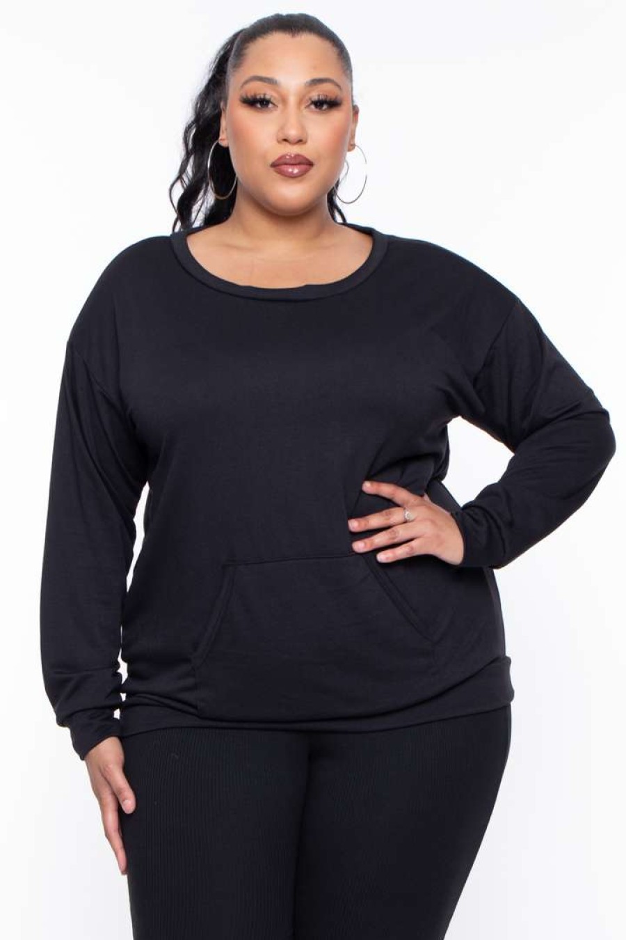 Sets * | Curvy Sense Plus Size Essential Sweatshirt Pullover Black