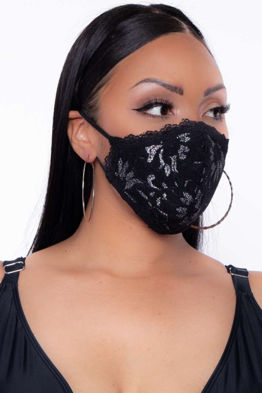 Accessories * | Curvy Sense Face Masks Washable 3-Layer Lace-Trimmed Silver Lace Face Mask Black