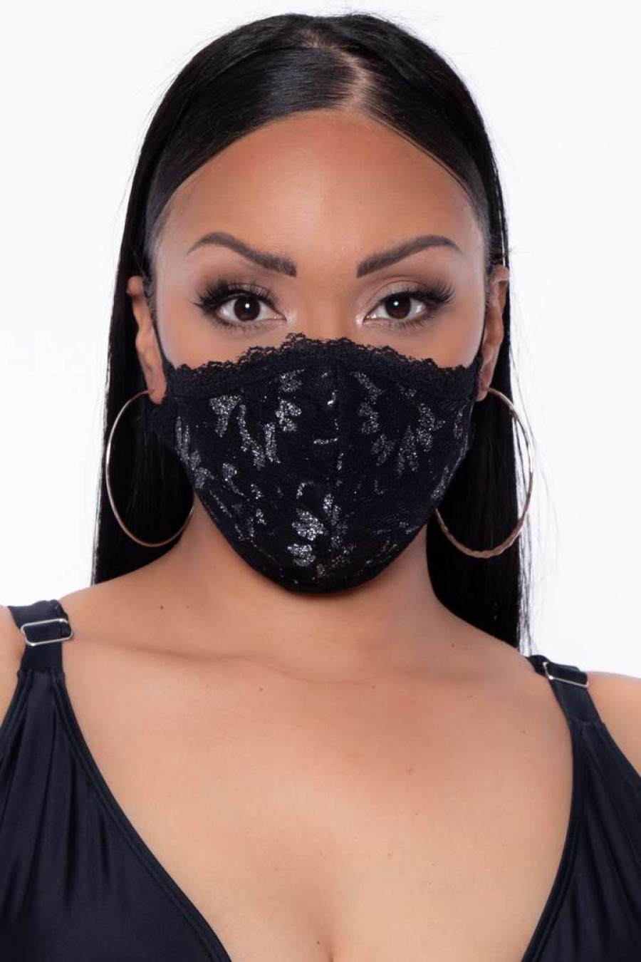 Accessories * | Curvy Sense Face Masks Washable 3-Layer Lace-Trimmed Silver Lace Face Mask Black