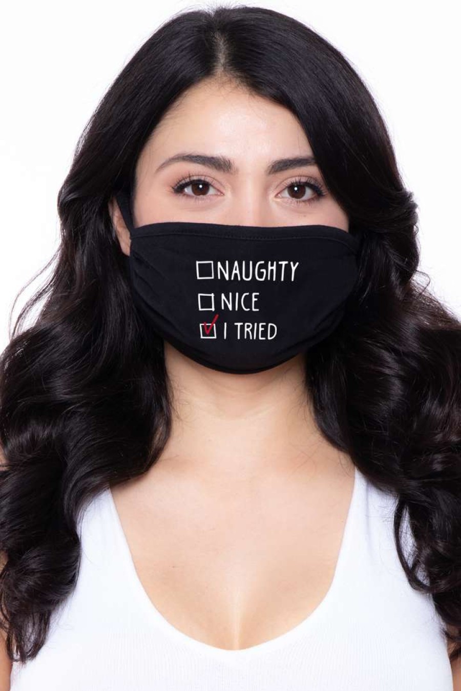 Accessories * | Curvy Sense Washable Christmas Face Mask Naughty, Nice, I Tried Face Masks Black