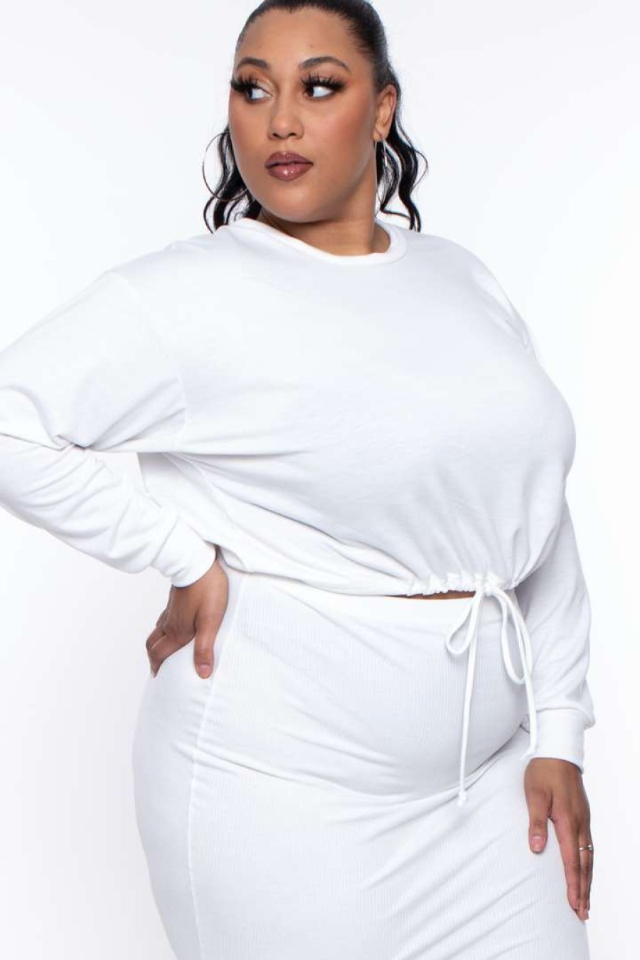 Sets * | Curvy Sense Essential Mix Plus Size Essential Cropped Pullover Sweatshirt Ivory