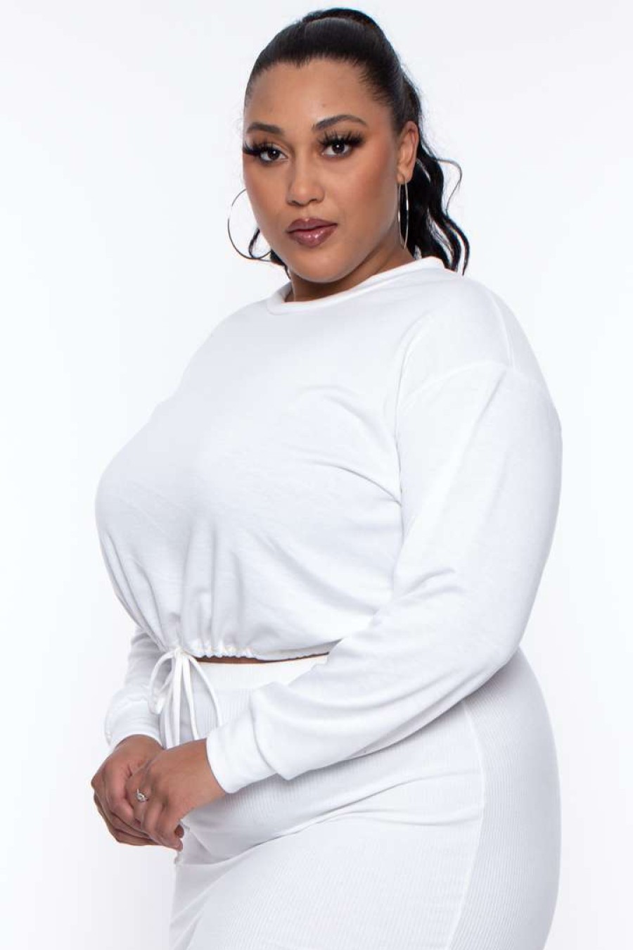 Sets * | Curvy Sense Essential Mix Plus Size Essential Cropped Pullover Sweatshirt Ivory