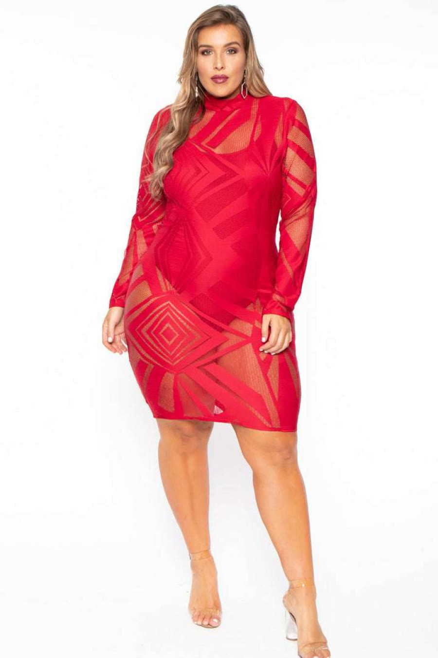 Dresses * | K + Glam Plus Size Mesh Burn Out Dress Back In Stock Red