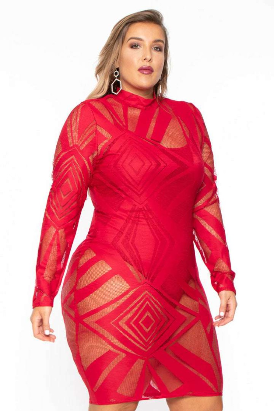 Dresses * | K + Glam Plus Size Mesh Burn Out Dress Back In Stock Red