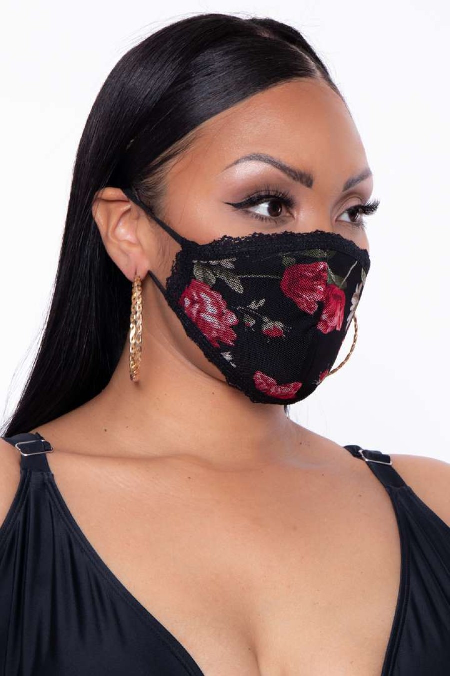 Accessories * | Curvy Sense Washable 3-Layer Lace-Trimmed Rose Mesh Face Mask Face Masks Black