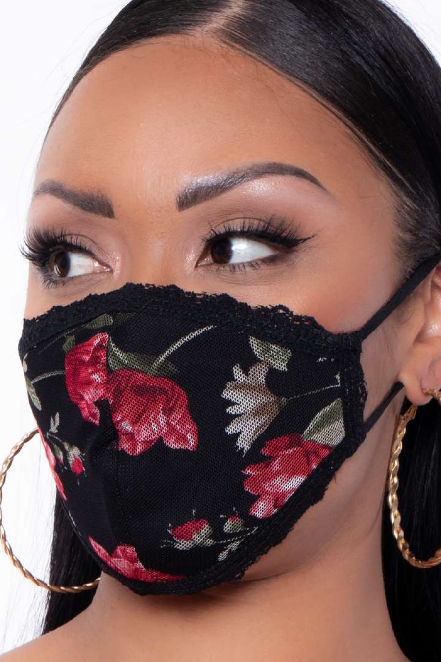 Accessories * | Curvy Sense Washable 3-Layer Lace-Trimmed Rose Mesh Face Mask Face Masks Black