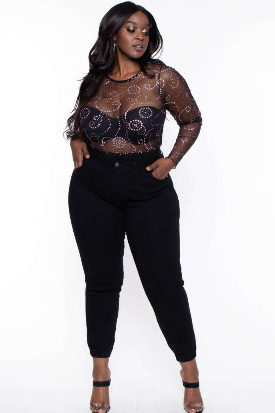 Tops * | Curvy Sense Bodysuits Plus Size Celia Glitter Bodysuit Black