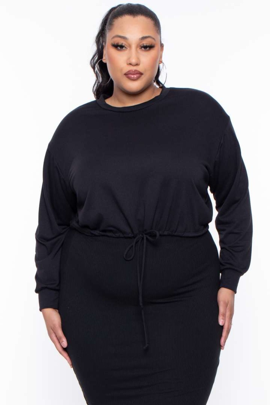 Sets * | Curvy Sense Essential Mix Plus Size Essential Cropped Pullover Sweatshirt Black