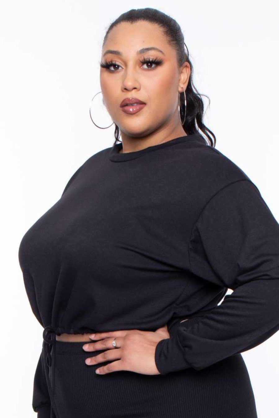 Sets * | Curvy Sense Essential Mix Plus Size Essential Cropped Pullover Sweatshirt Black