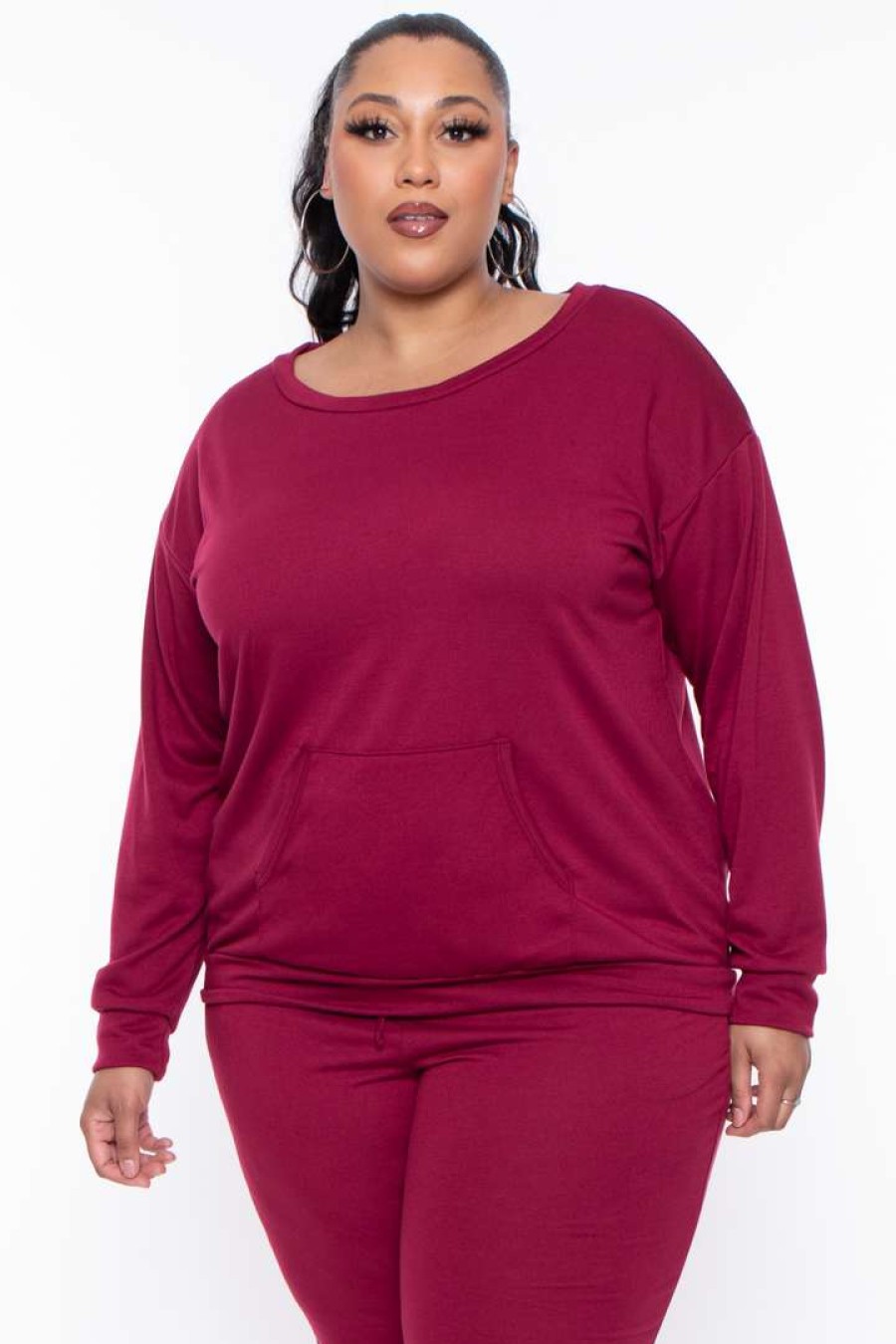 Sets * | Curvy Sense Plus Size Essential Sweatshirt Pullover Burgundy