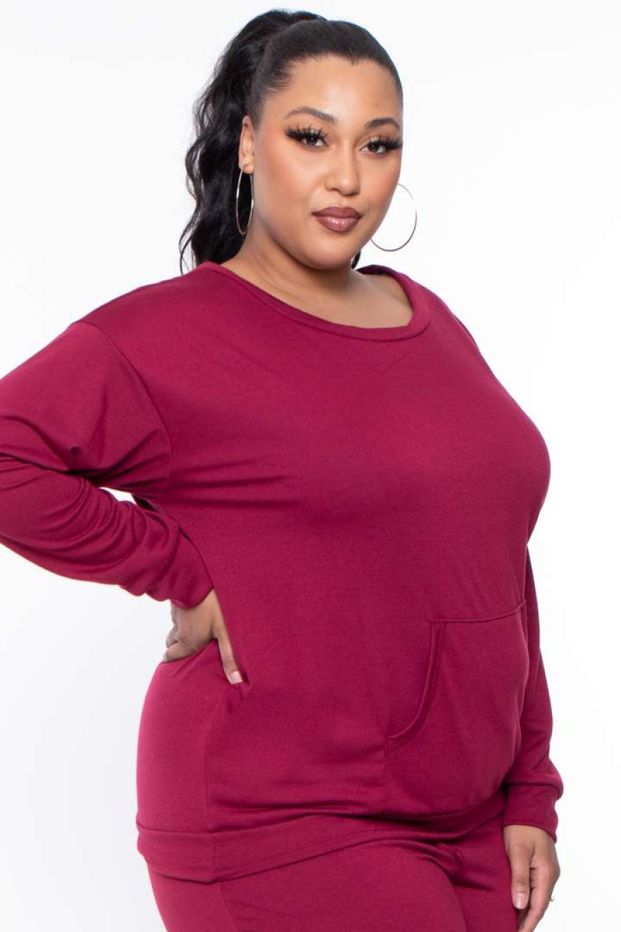 Sets * | Curvy Sense Plus Size Essential Sweatshirt Pullover Burgundy