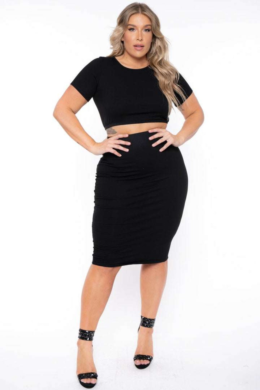 Sets * | Curvy Sense New Arrivals Plus Size Jane Crop Top And Skirt Matching Set Black