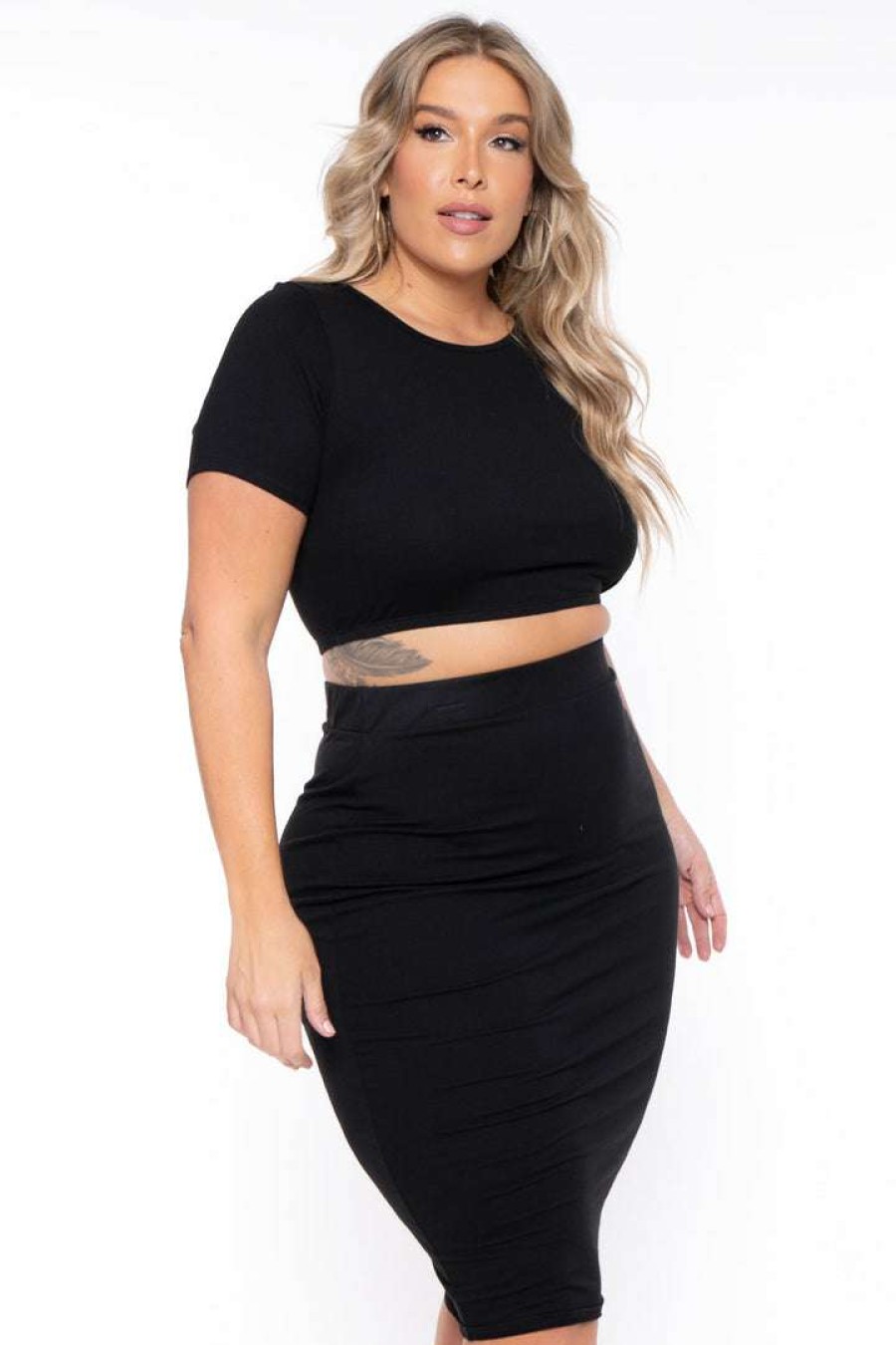 Sets * | Curvy Sense New Arrivals Plus Size Jane Crop Top And Skirt Matching Set Black