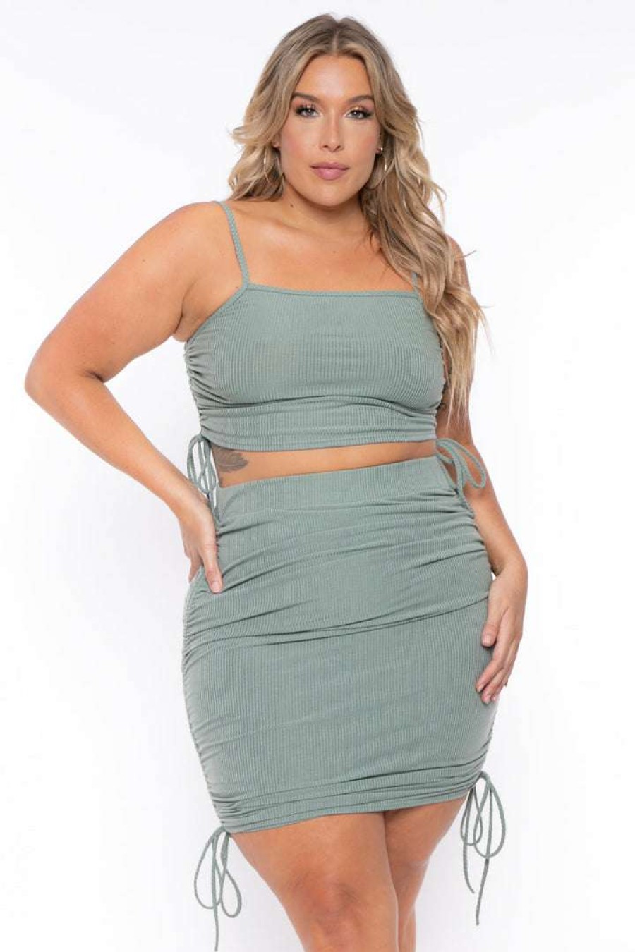 Sets * | Curvy Sense Matching Sets Plus Size Ruched Crop Top & Skirt Set Sage