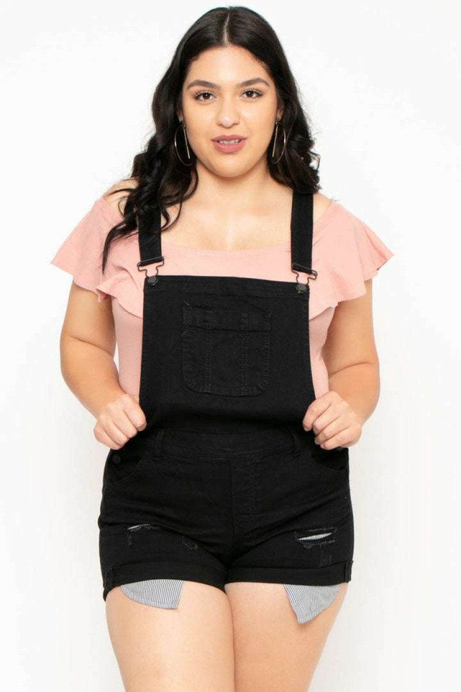 Bottoms * | Wax Jean Back In Stock Plus Size Destroyed Basic Denim Overall Shorts Black