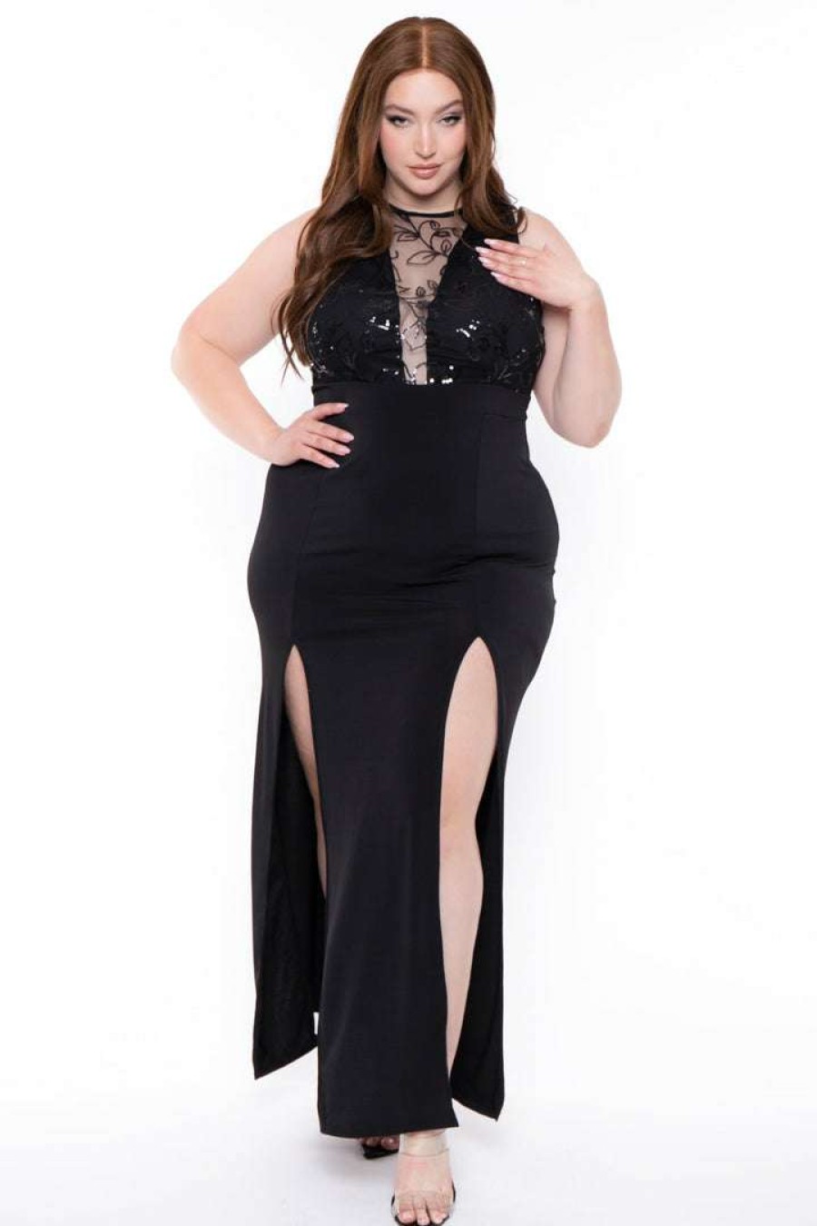 Dresses * | Curvy Sense Plus Size Chiara M- Slit Maxi Dress Black