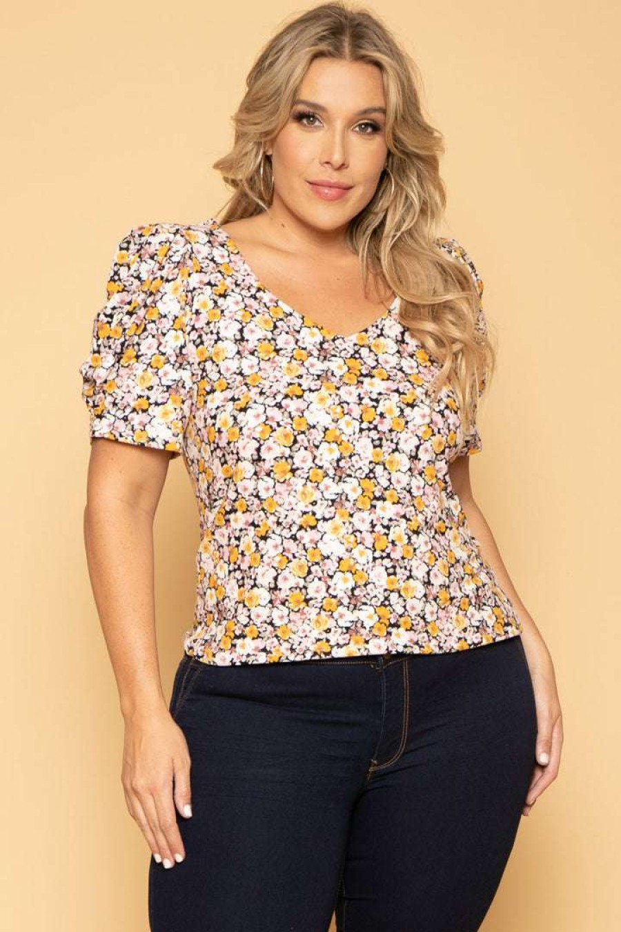 Tops * | Haute Monde New Arrivals Plus Size Raisa Floral Top Black