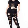 Sets * | Curvy Sense Plus Size Distressed Legging & Crop Top Set Back In Stock Black