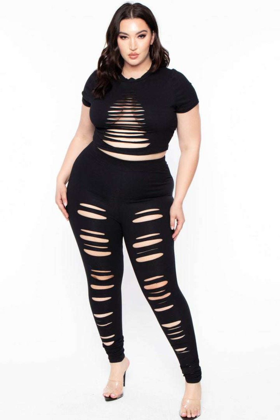 Sets * | Curvy Sense Plus Size Distressed Legging & Crop Top Set Back In Stock Black