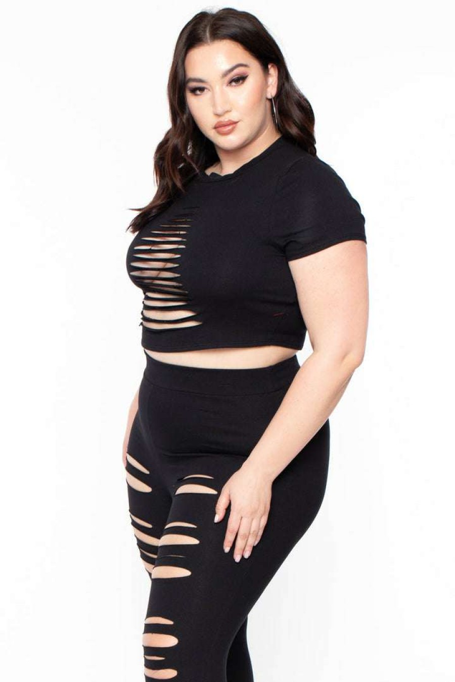 Sets * | Curvy Sense Plus Size Distressed Legging & Crop Top Set Back In Stock Black