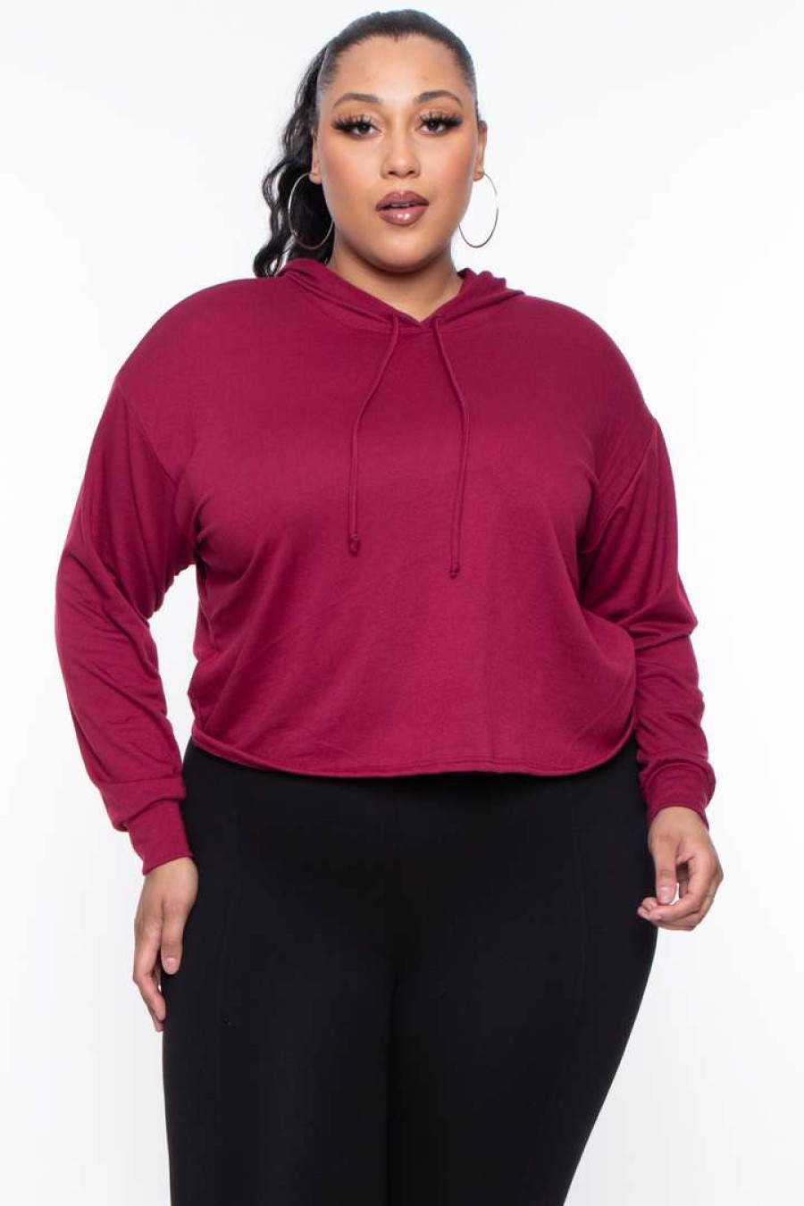 Sets * | Curvy Sense Essential Mix Plus Size Essential Cropped Hoodie Burgundy