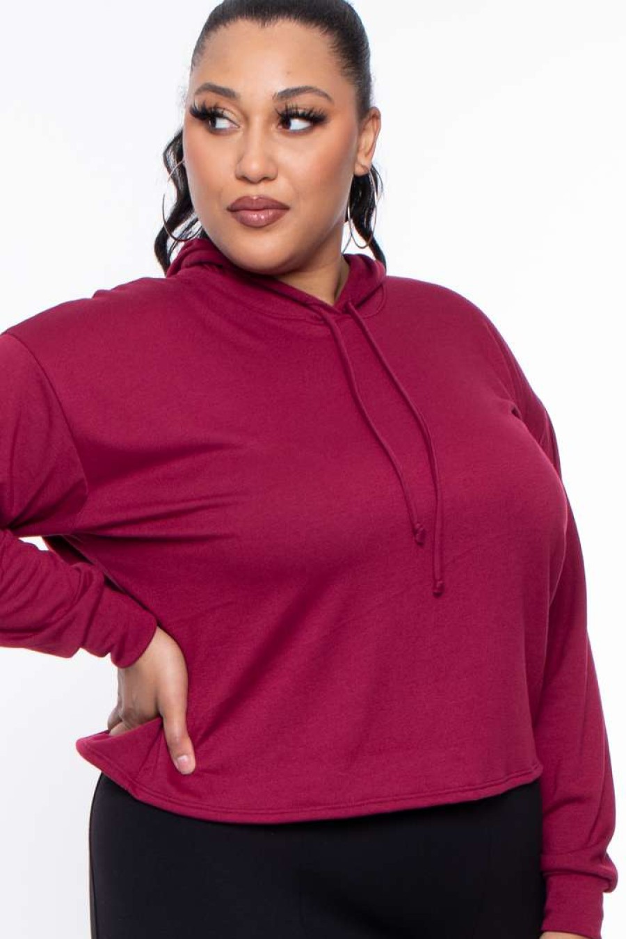 Sets * | Curvy Sense Essential Mix Plus Size Essential Cropped Hoodie Burgundy