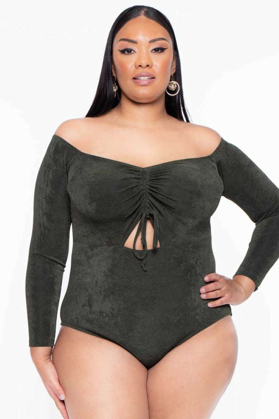 Tops * | Curvy Sense Plus Size Miyuki Slinky Bodysuit Olive