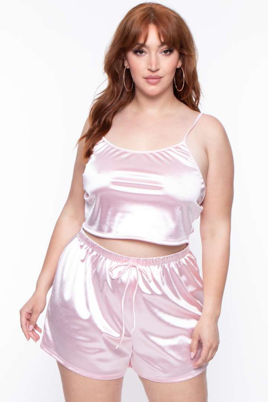 Sets * | Curvy Sense Plus Size Amirah Satin Slip Set Pink