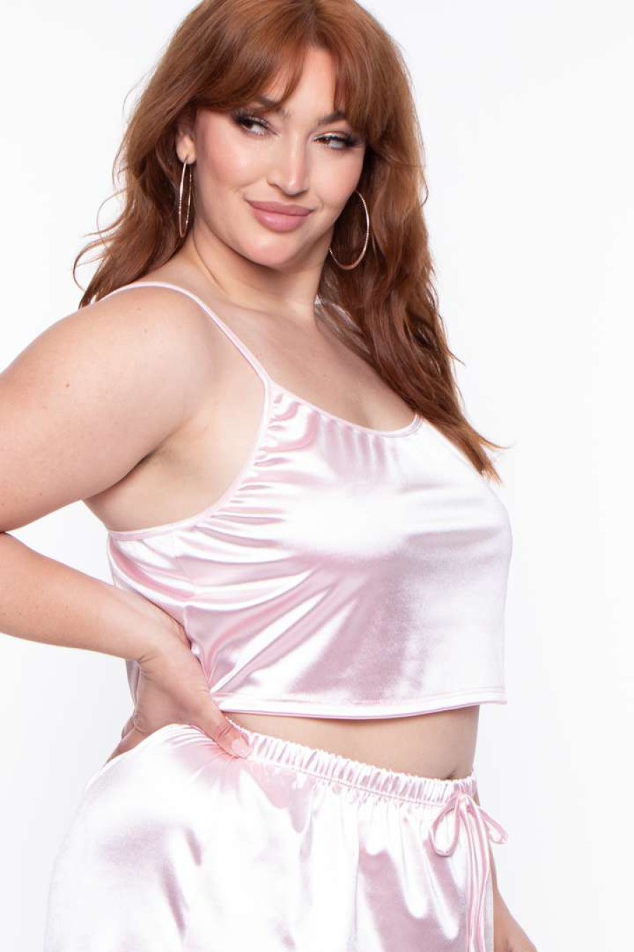 Sets * | Curvy Sense Plus Size Amirah Satin Slip Set Pink