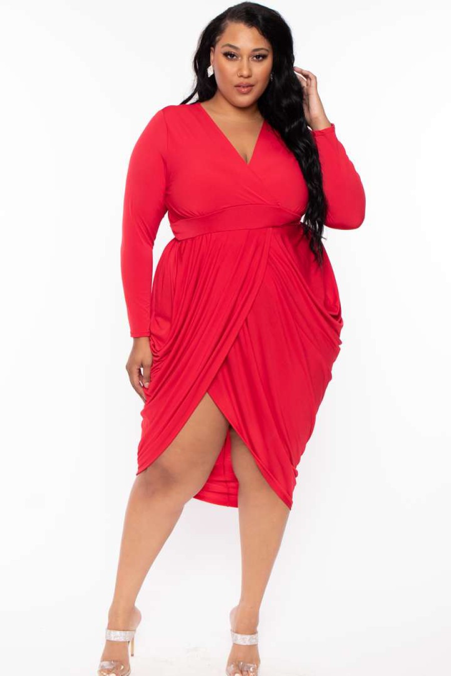 Dresses * | Solid Plus Size Clarissa Asymmetric Drape Dress Party Shop Red