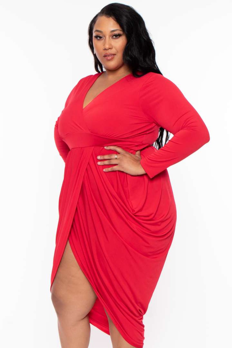 Dresses * | Solid Plus Size Clarissa Asymmetric Drape Dress Party Shop Red