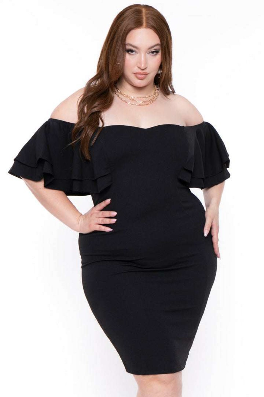 Dresses * | Gibiu Little Styles Plus Size Brie Off The Shoulder Ruffle Dress Black