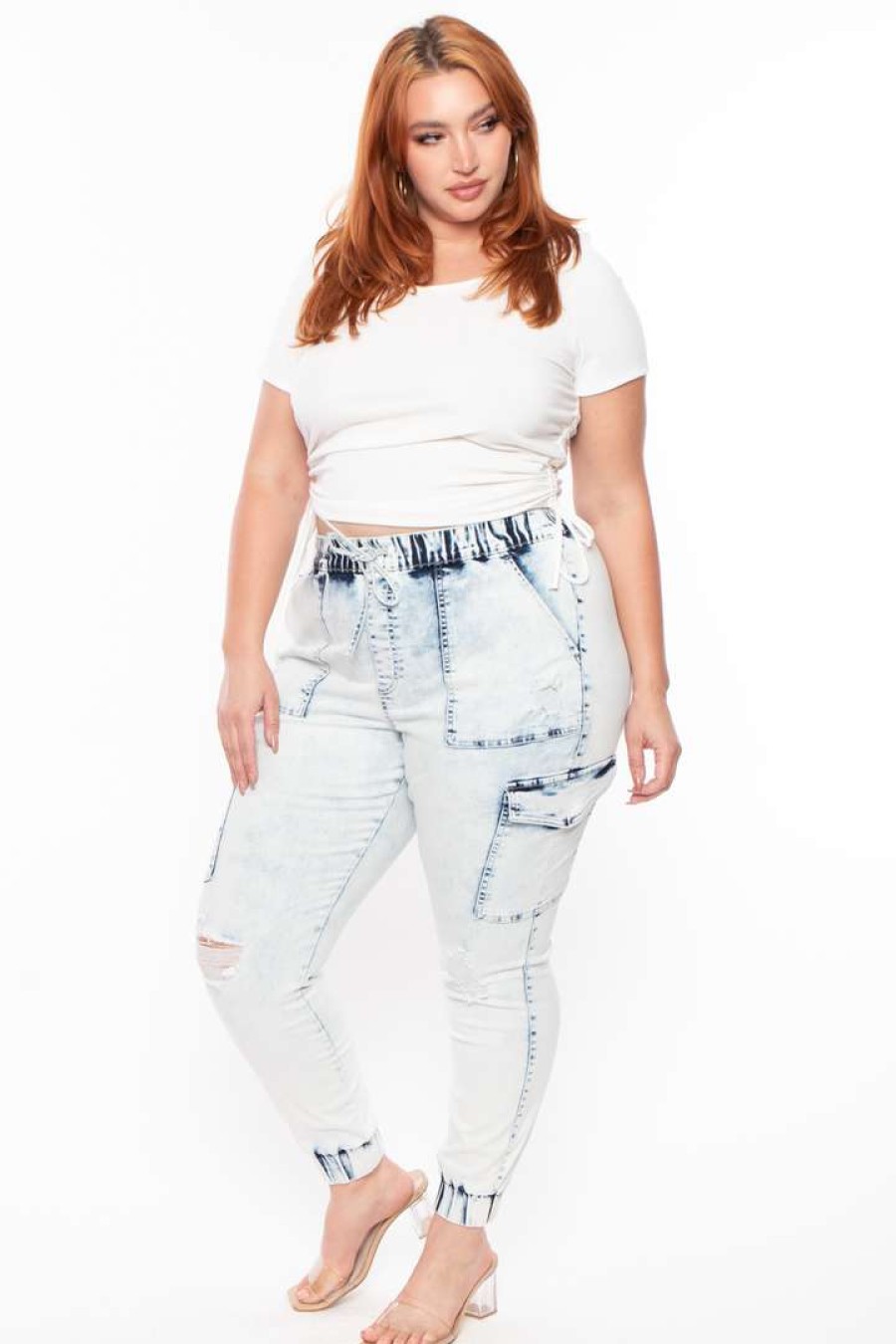 Bottoms * | Wax Jean Plus Size Bai Acid Wash Jogger Light Wash