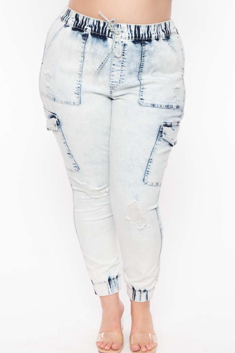 Bottoms * | Wax Jean Plus Size Bai Acid Wash Jogger Light Wash