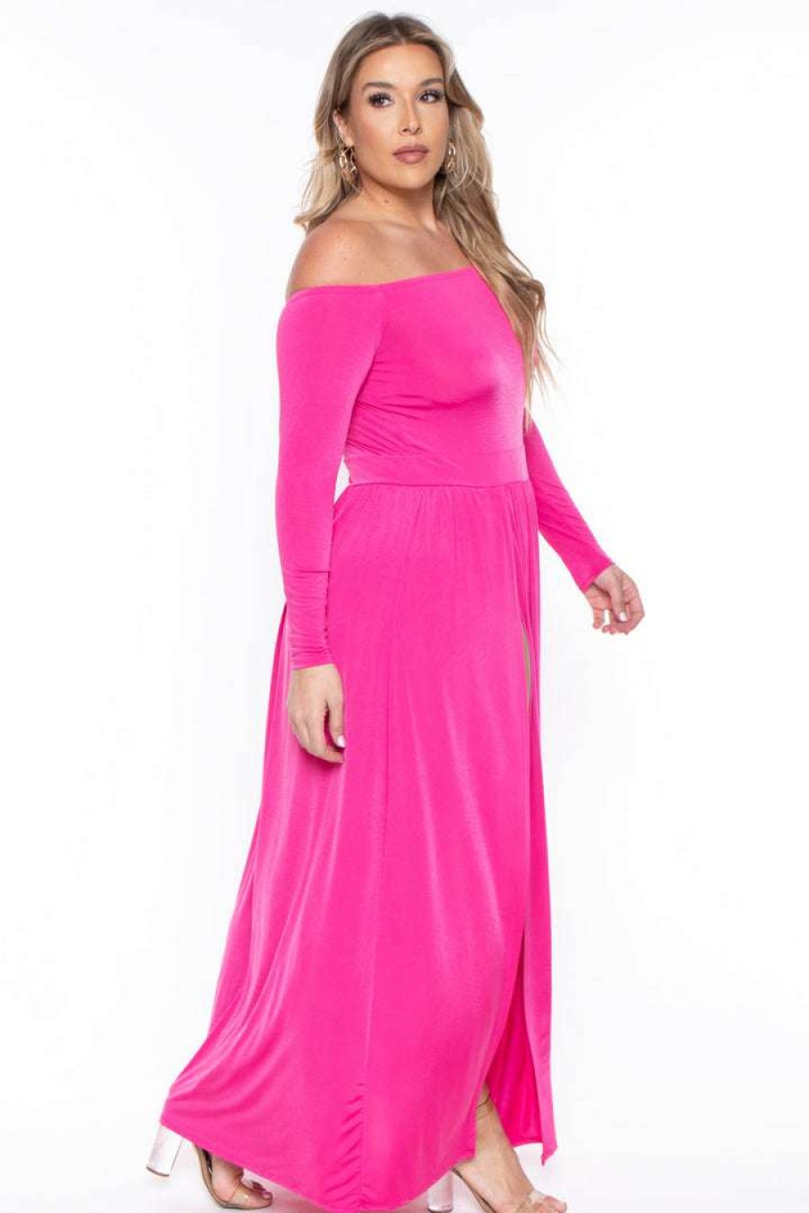 Dresses * | Curvy Sense Plus Size Eliana M- Slit Dress Pink