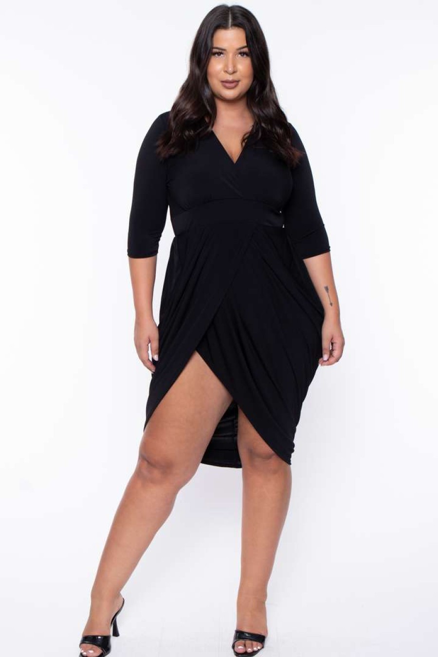 Dresses * | Solid Back In Stock Plus Size Clarissa Asymmetric Drape Dress Black