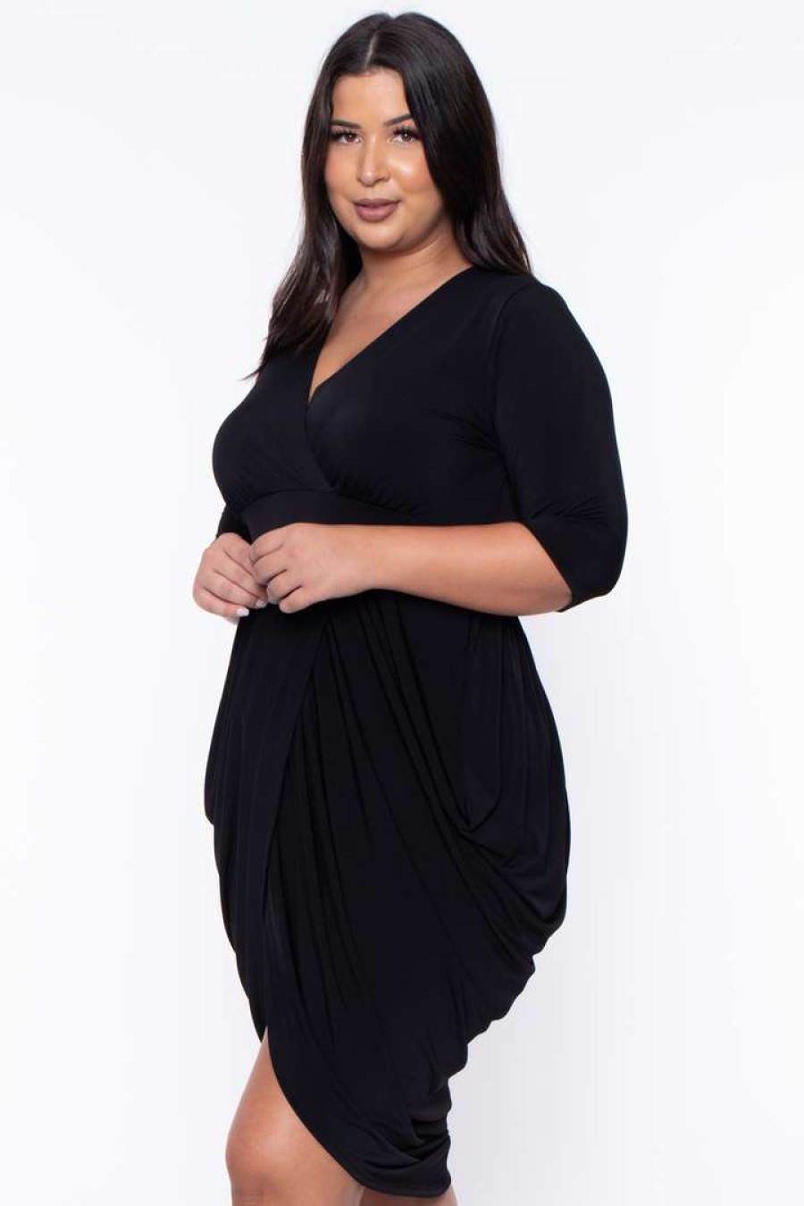 Dresses * | Solid Back In Stock Plus Size Clarissa Asymmetric Drape Dress Black